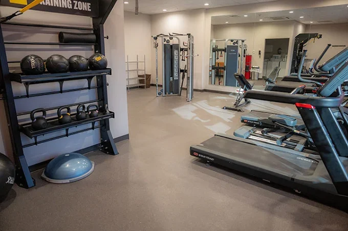 Indoor gym with treadmills, stationary bikes, weight machines, and a rack of medicine balls and kettlebells