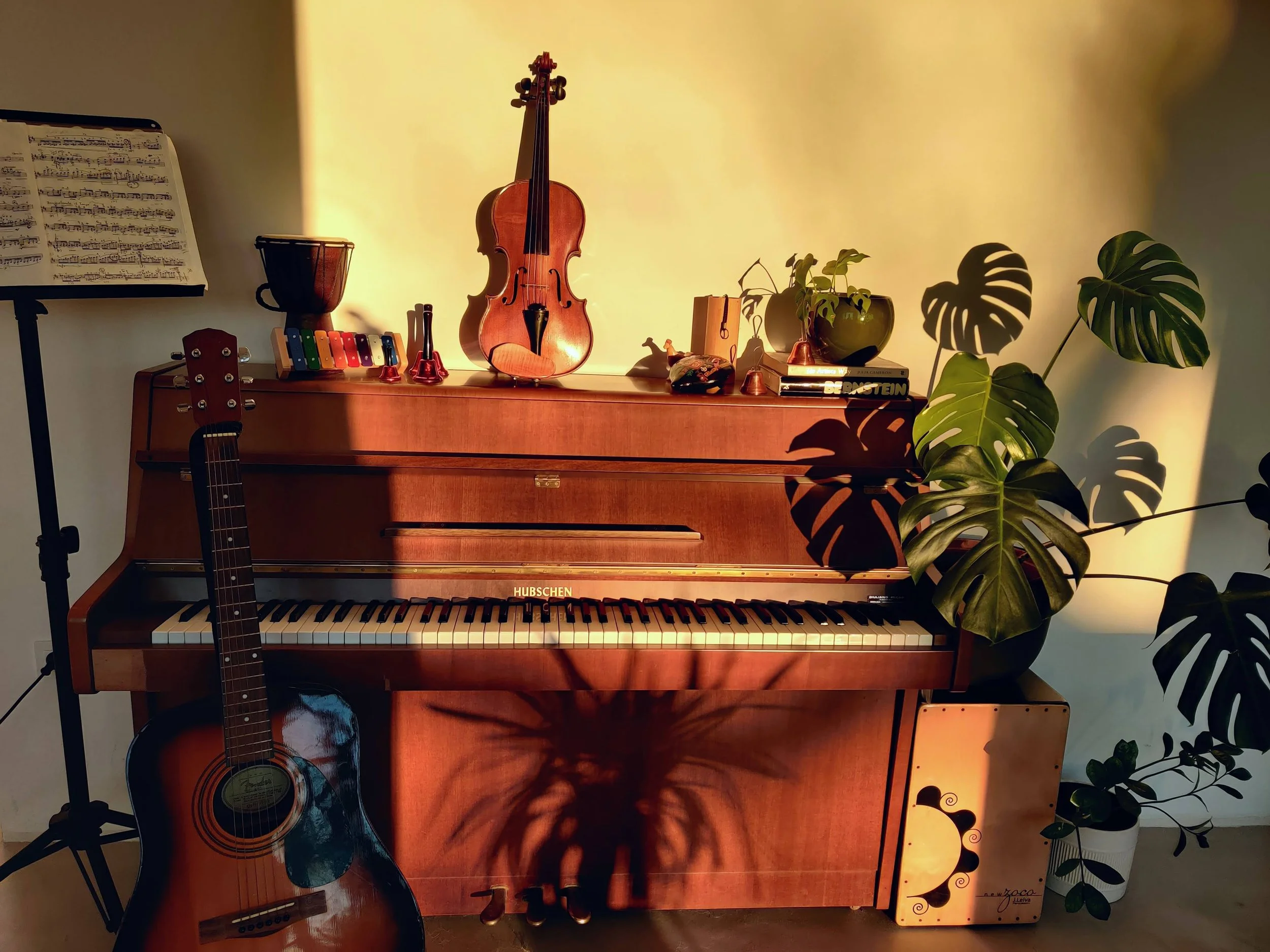 A wooden upright piano with a violin, a guitar, a music stand with sheet music, a tambourine, a xylophone, and several small decorative items on top. A large plant with broad leaves is on the right side, casting shadow patterns on the wall. The lighting creates a warm ambiance.