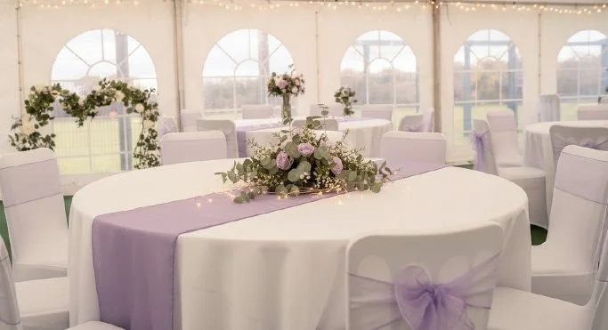 Decorated event tent with round tables draped in white tablecloths, lavender runners, and floral centerpieces. White chairs with lavender bows, string lights, and arched windows in the background.