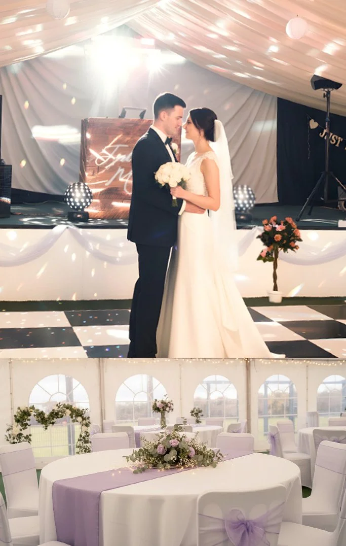 A bride and groom sharing their first dance at their wedding wedding reception inside a decorated marquee. The venue includes draped fabric and DJ set up.