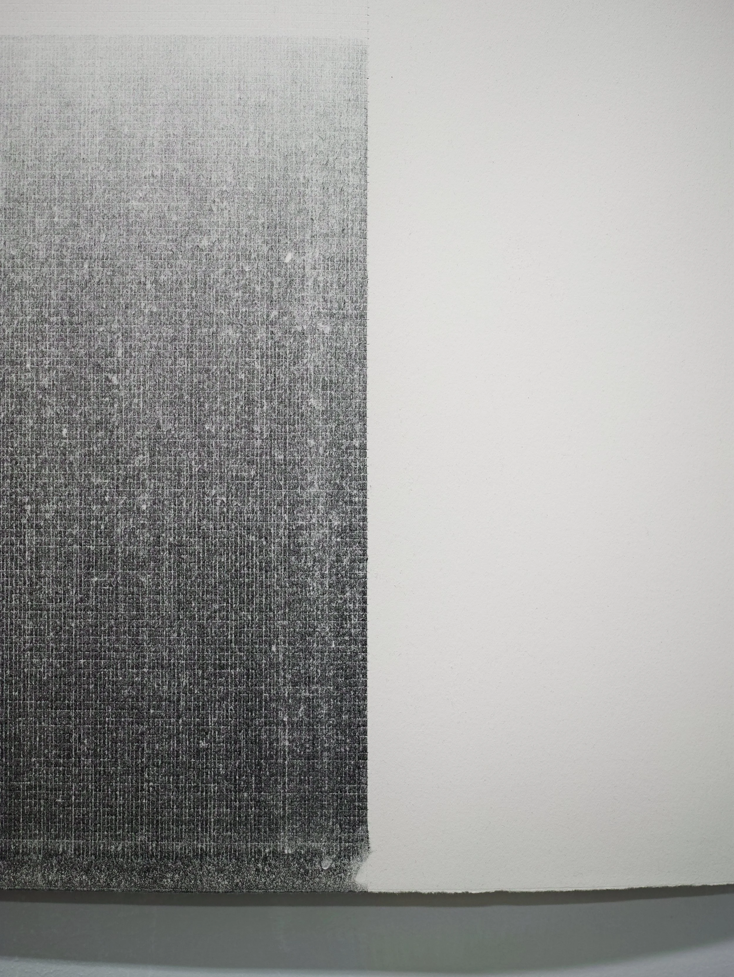 Detail of a large scale abstract charcoal drawing,  showing how it utilizes the grid/geometry.
