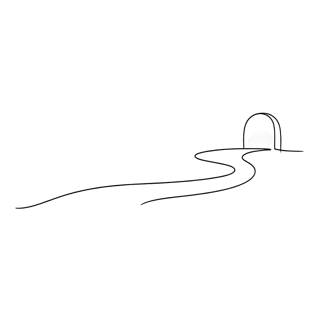 A simple black and white line drawing of a narrow, winding path leading to a tunnel or cave entrance.