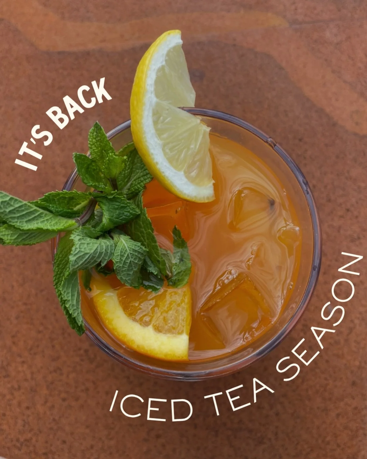 Our fresh, homemade, fruity Iced Tea is out of hibernation 🍊🍋

Garnished with the mint growing on-site from our own planters 🌿

The perfect wee thirst quenching refresher