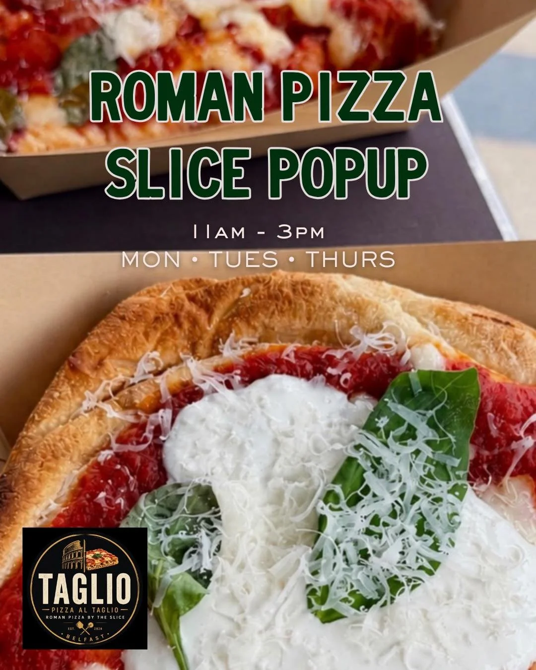 👀👀 Needing a new lunchtime fix??

We&rsquo;ve got you covered! Taglio will be joining us with their Roman pizza slices on TUESDAYS, WEDNESDAYS and THURSDAYS 🍕

First day: Tuesday 3rd November