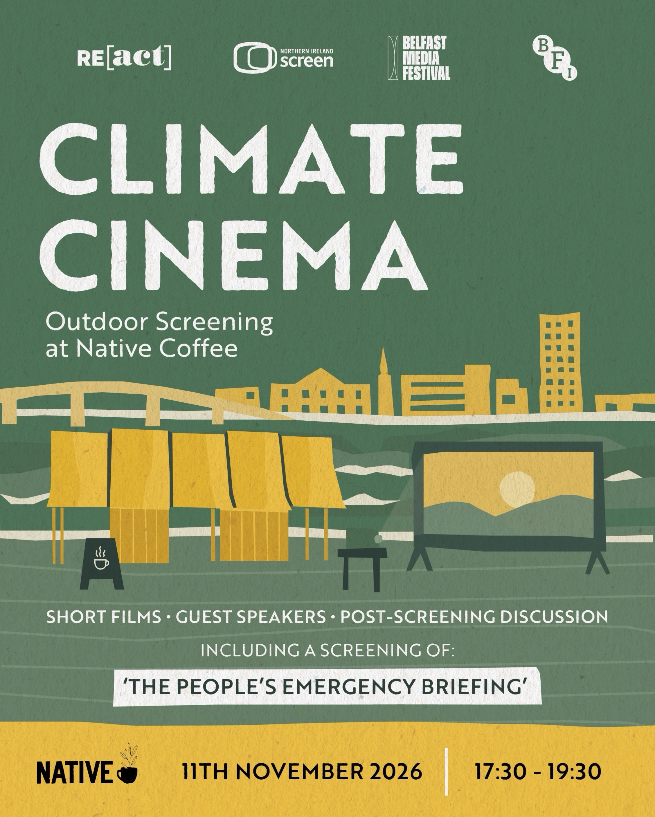 🎬⭐️ Climate Cinema is coming to Native on the 11th of November!

Join us in collaboration with British Film Institute (BFI), Belfast Media Festival, RE-ACT Sustainability Festival and NI Screen for short film screenings exploring climate, community 
