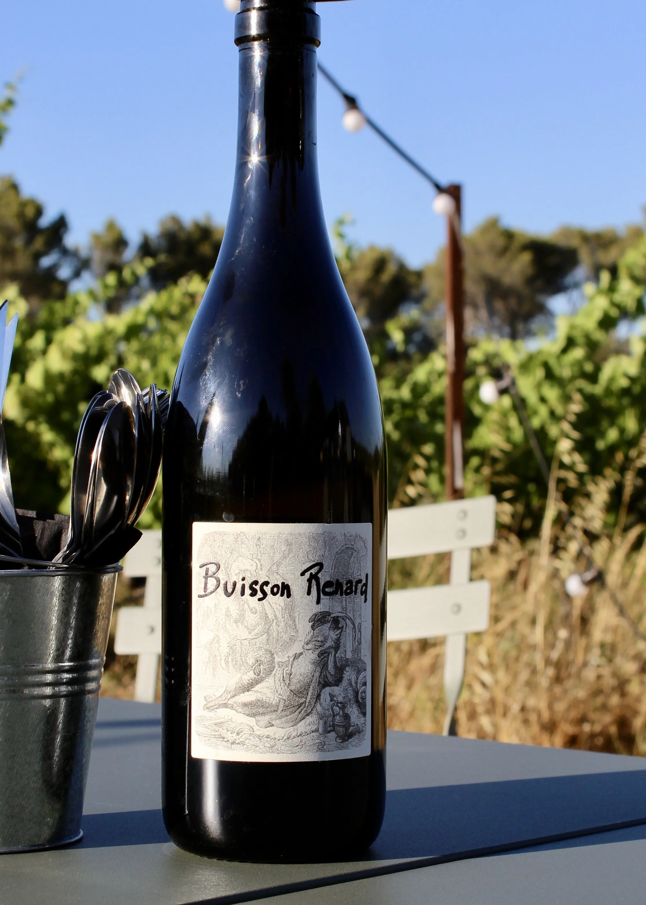 Une bouteille de vin noir avec une étiquette intitulée "Buisson Renard" située sur une table extérieure au soleil, avec un seau contenant des cuillères à café à gauche et un fond de végétation et de ciel bleu.