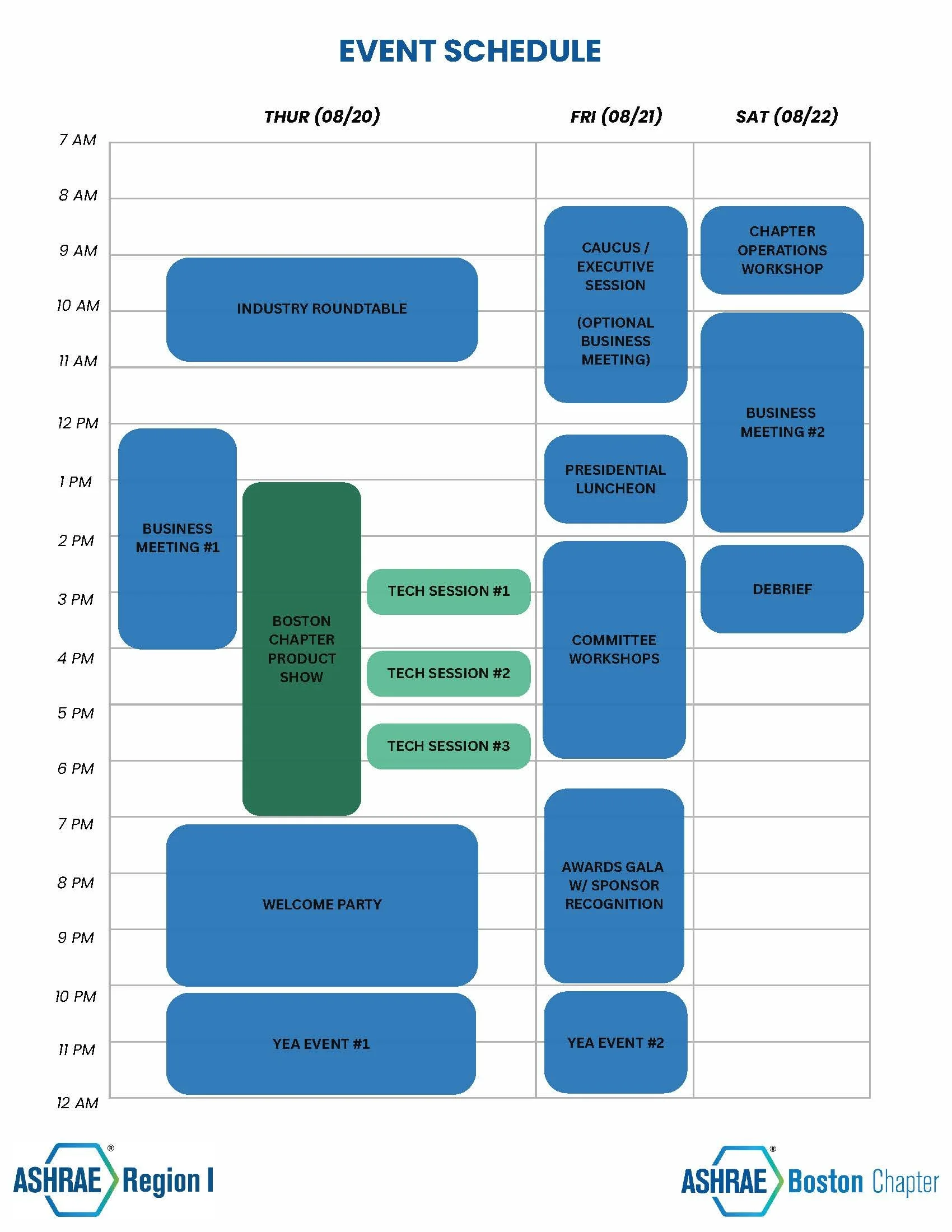Event schedule chart for ASHRAE Region 1 Boston Chapter from August 20 to August 22, 2026, listing various meetings, sessions, and events with times and dates.