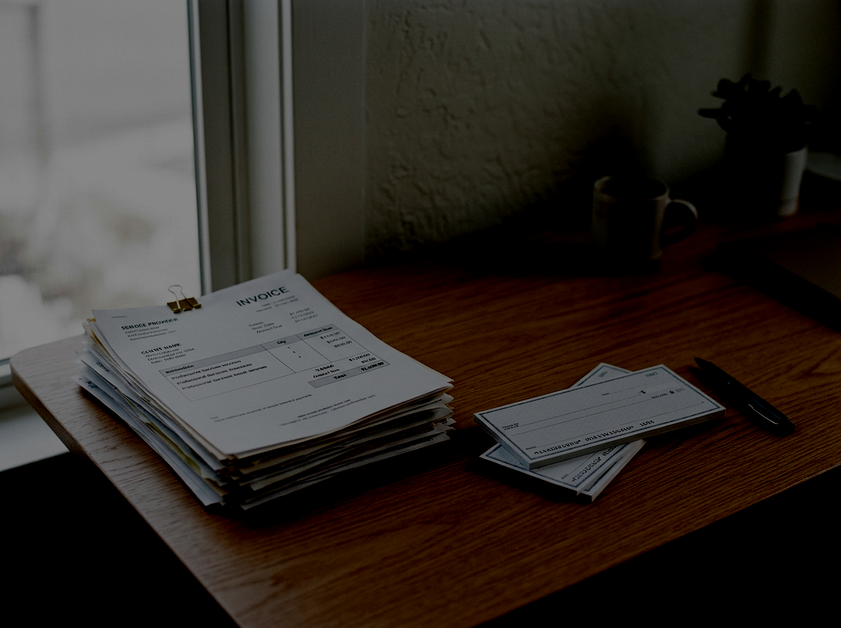 A wooden desk with a stack of papers, including invoices and checks, near a window with sunlight, with two cups and a small potted plant in the background.