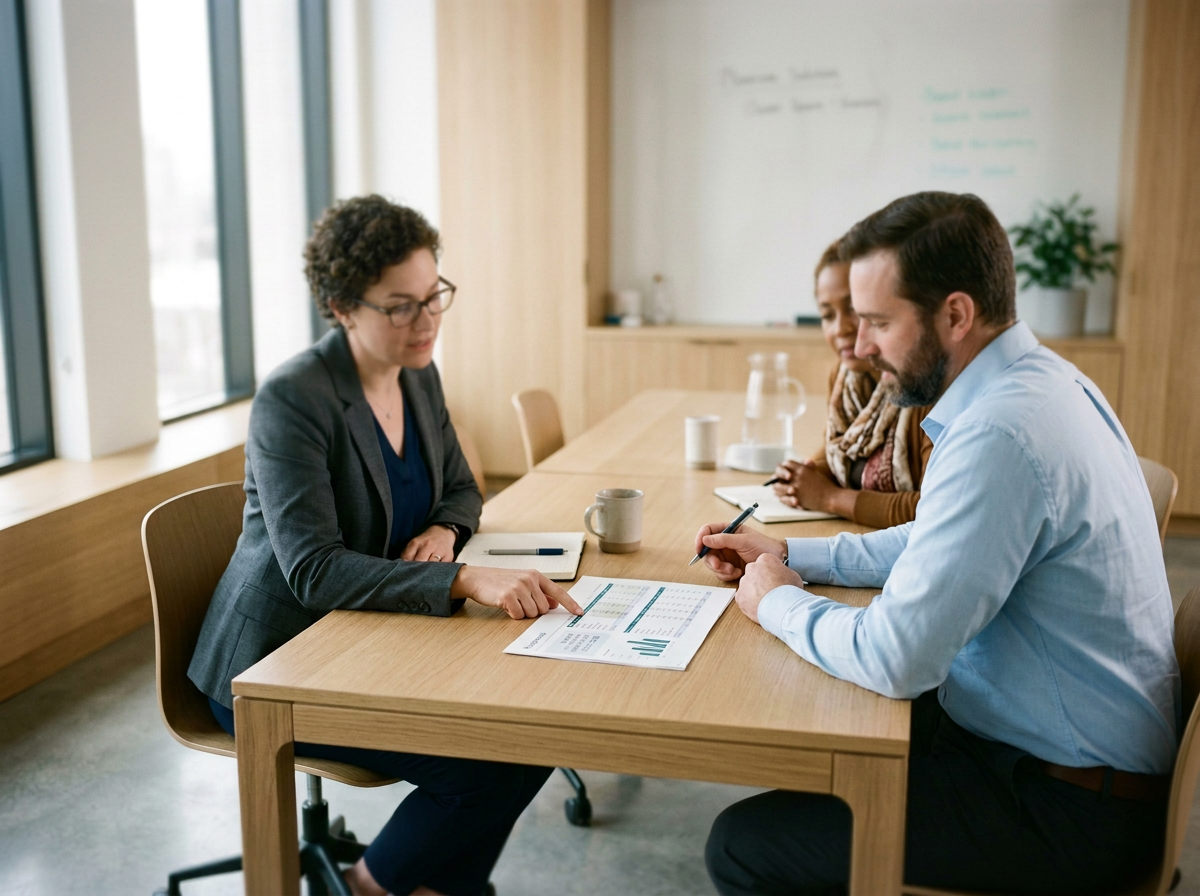 Three people having a meeting at a conference table, reviewing documents and charts in an office with large windows and a whiteboard in the background.