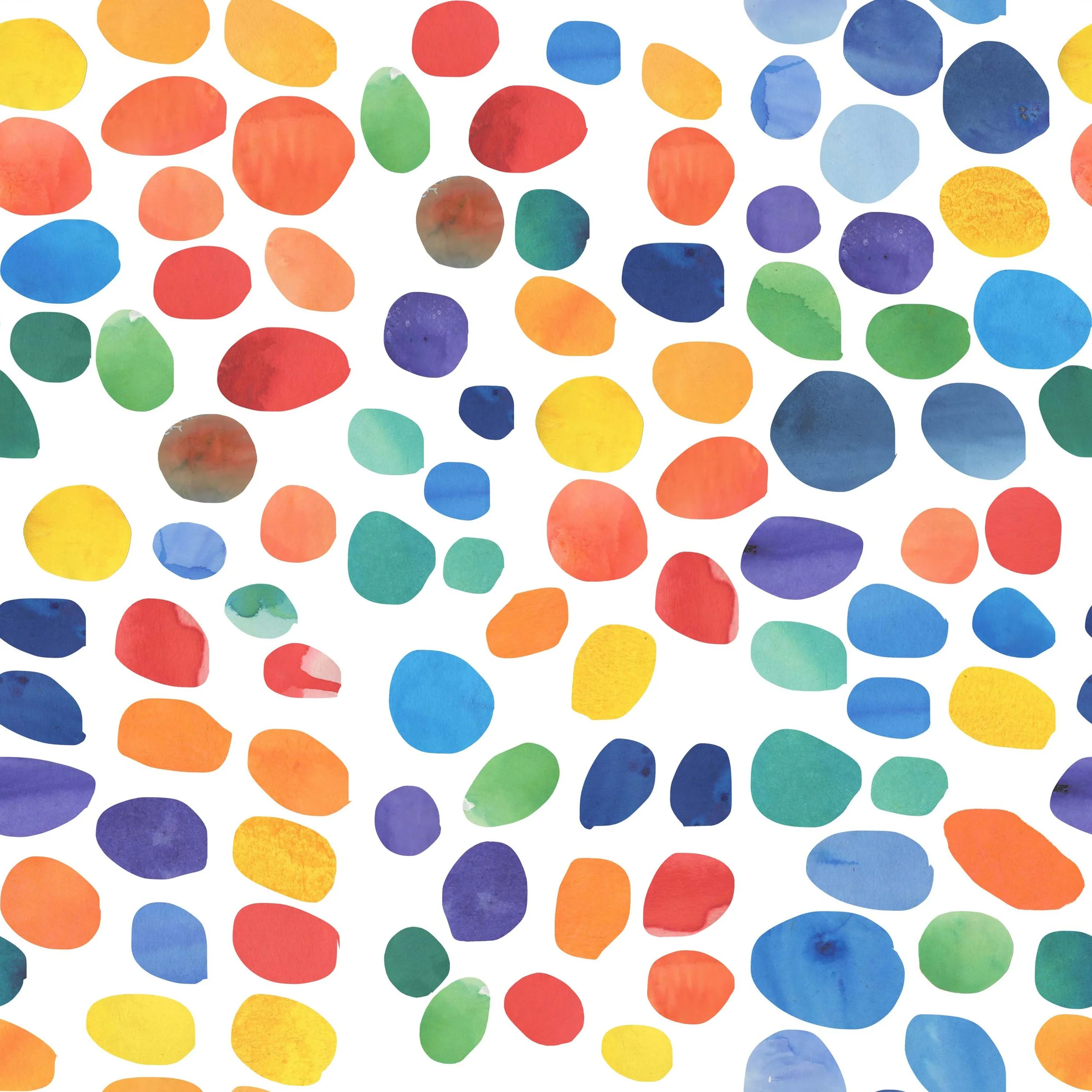 A colorful watercolor pattern of scattered oval and circular shapes in various shades of red, blue, green, yellow, purple, and orange, on a white background.