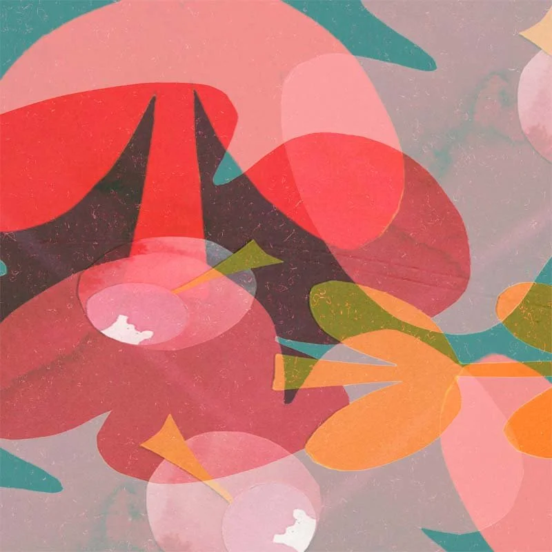 Abstract artwork with overlapping shapes in shades of pink, red, green, yellow, and teal.