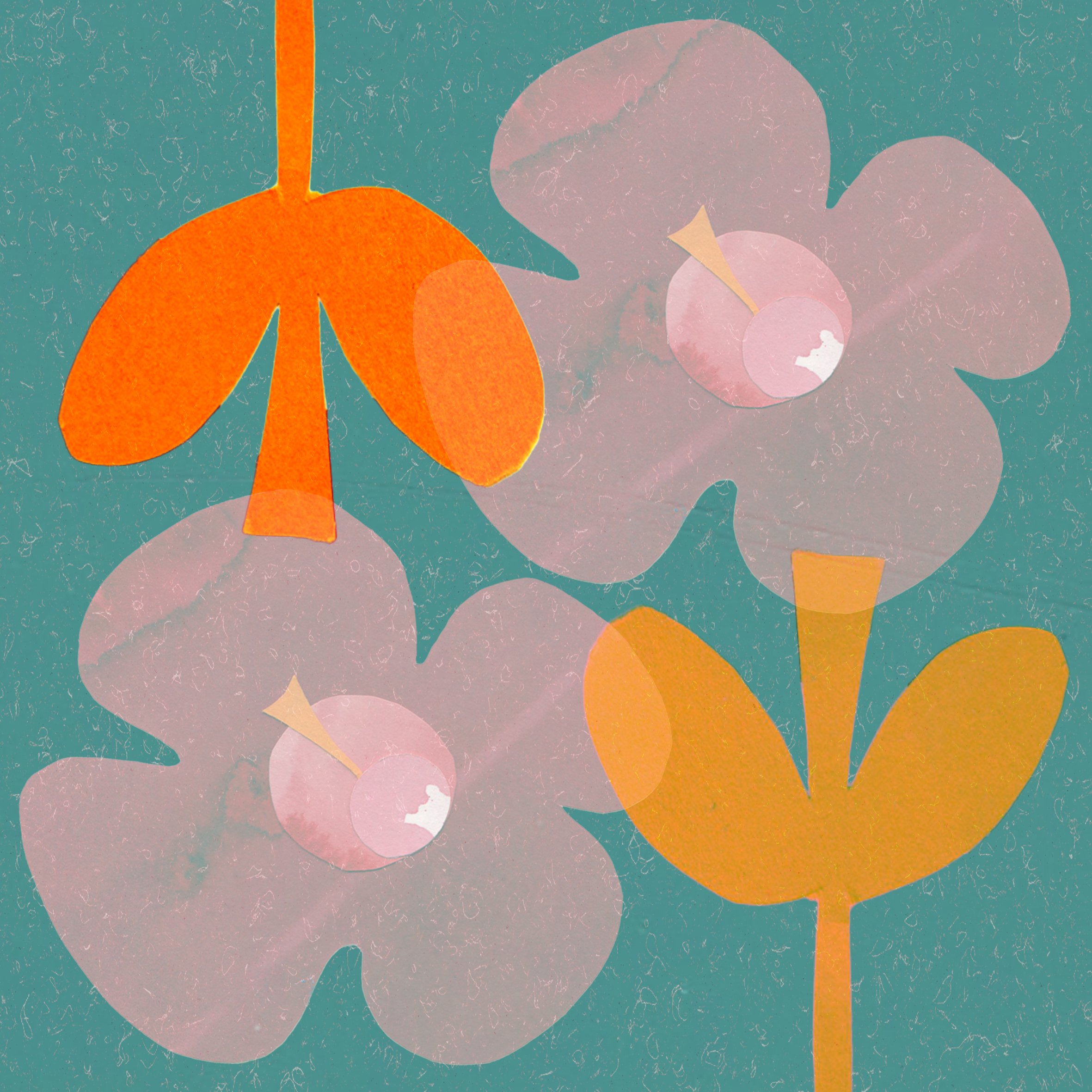 Abstract digital artwork featuring stylized flowers in pink, orange, and yellow against a teal background, with overlapping translucent shapes and textured details.