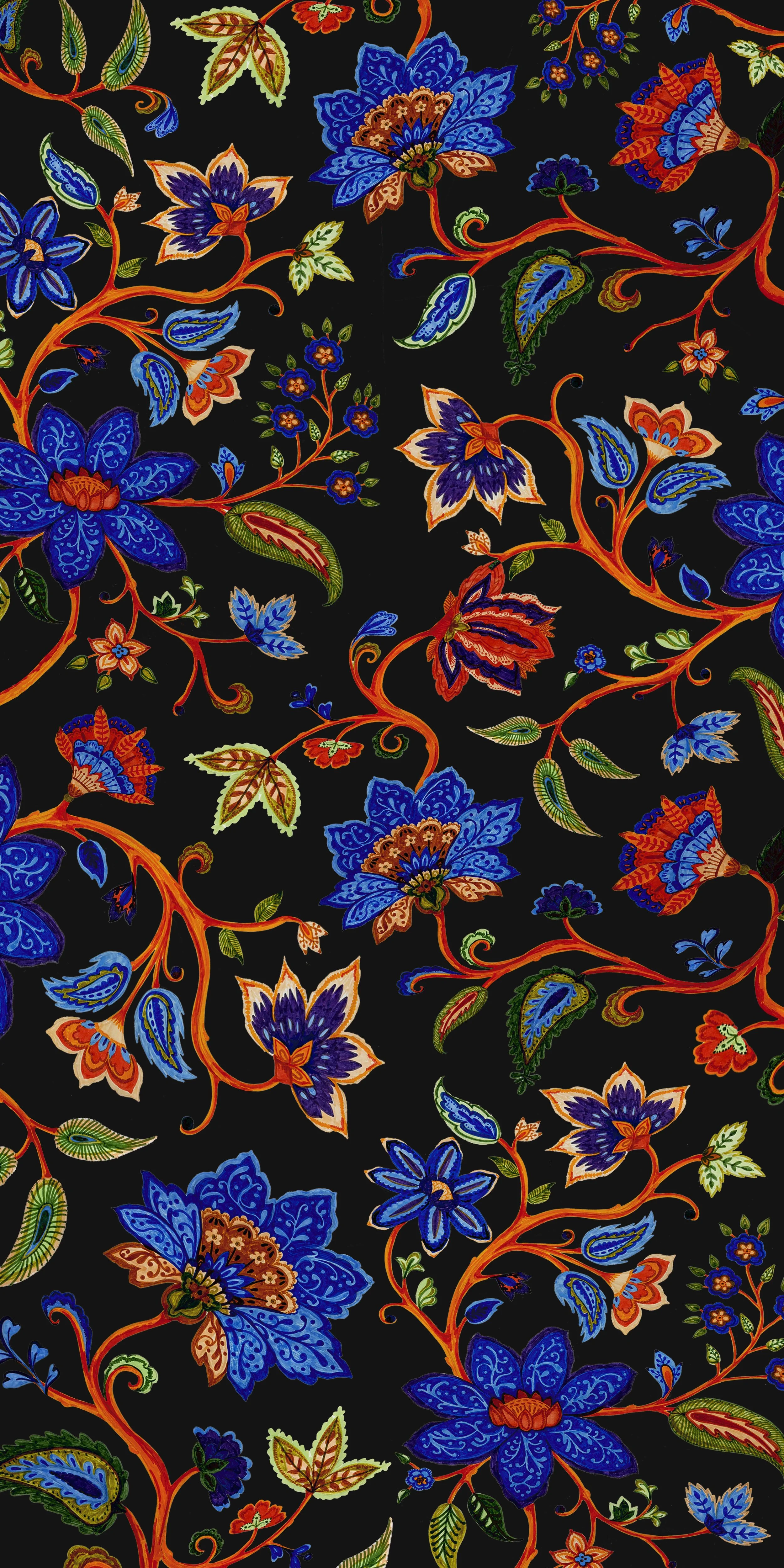 Colorful floral pattern with large blue and orange flowers, green and yellow leaves, and decorative vine-like red stems on a black background.