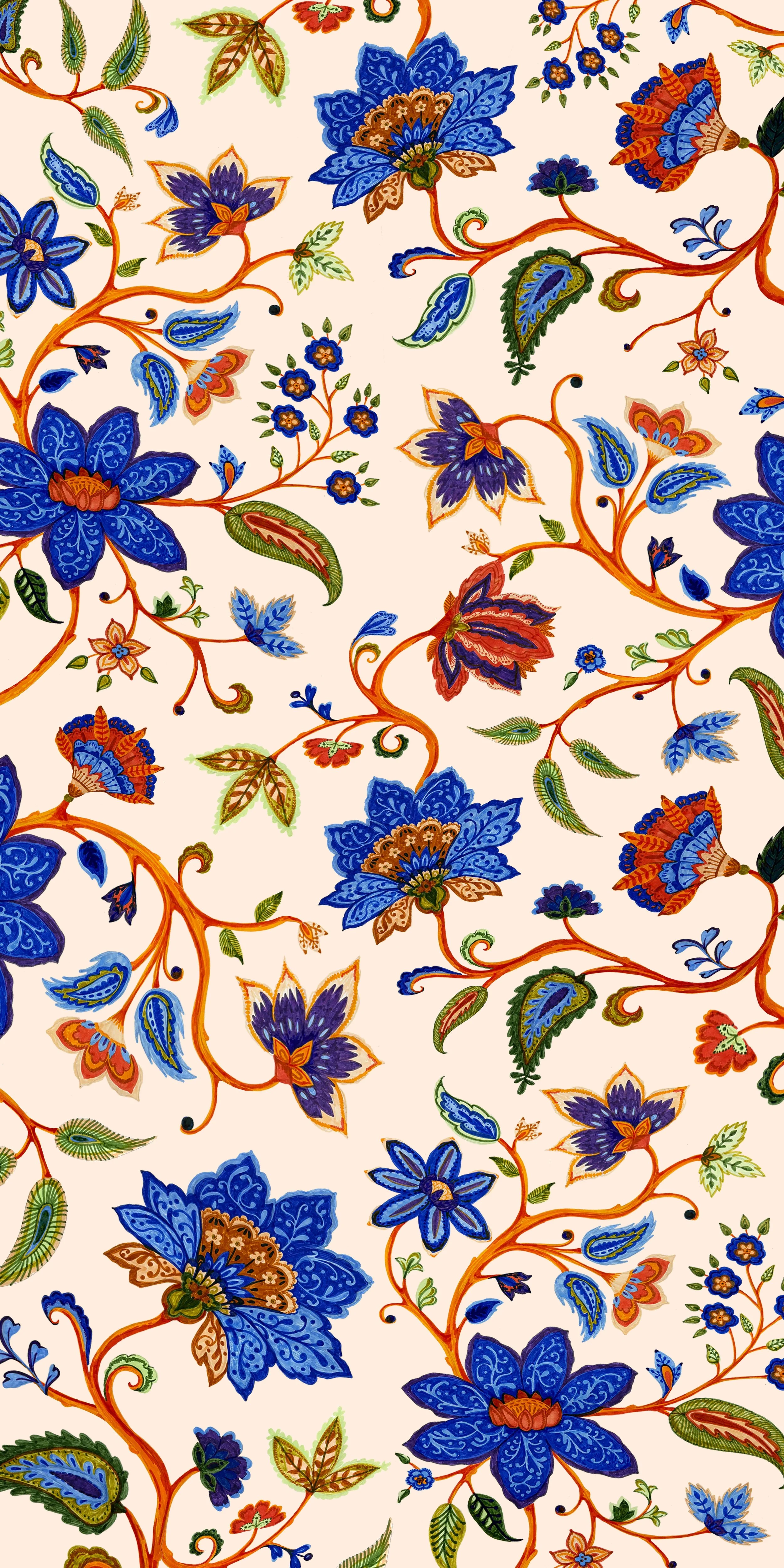 A colorful floral pattern with large blue flowers, small orange and purple flowers, green leaves, and intricate vine details on a cream background.
