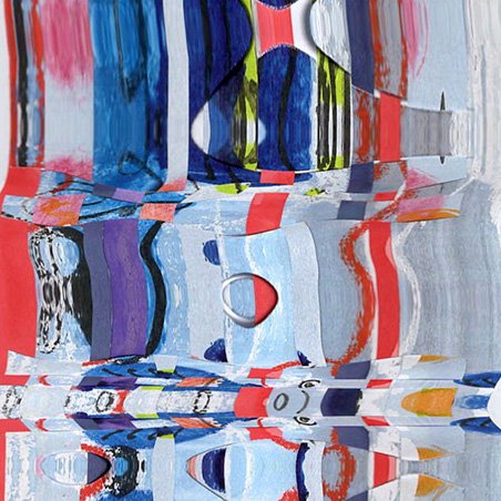 Abstract painting with bold, colorful brushstrokes in blue, red, white, yellow, black, purple, and gray with a circular metallic ring in the center.