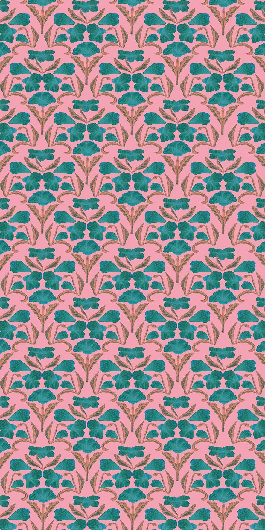 A seamless pattern featuring teal butterfly-shaped flowers and pink stylized leaves on a pink background.