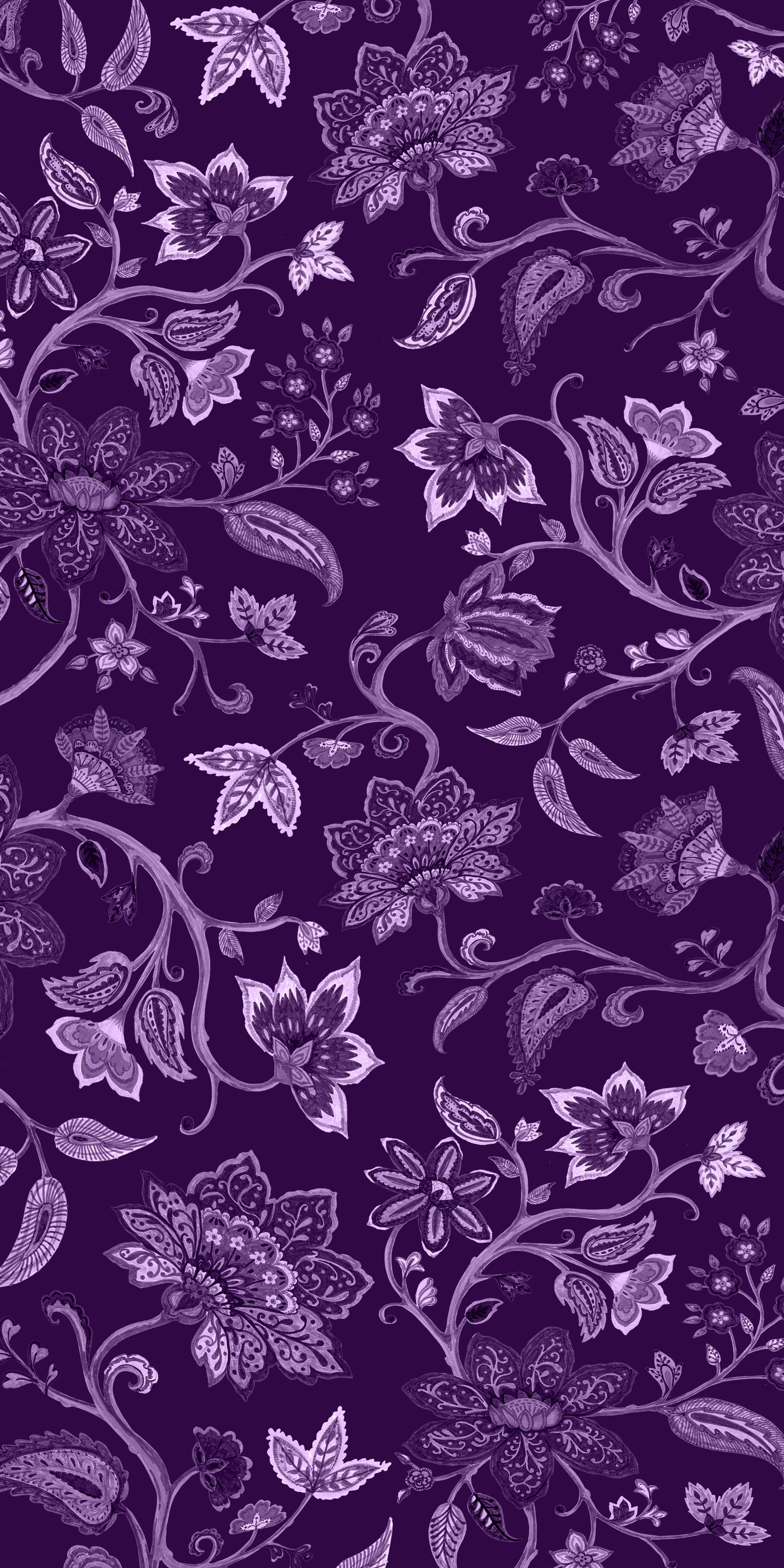 Purple floral pattern with detailed flowers, leaves, and vines on a dark purple background.
