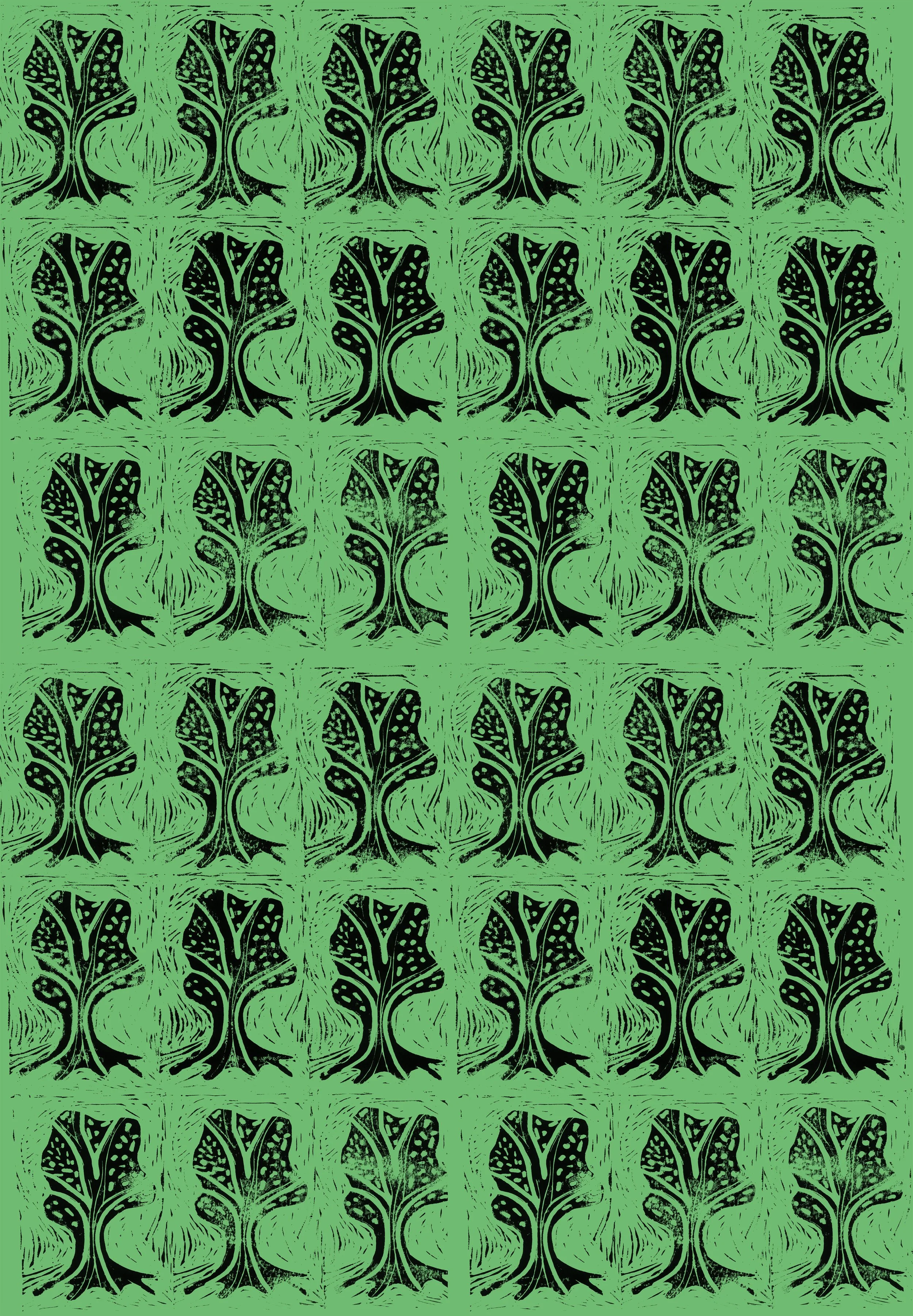 Repeated pattern of black and green stylized trees on a green background.