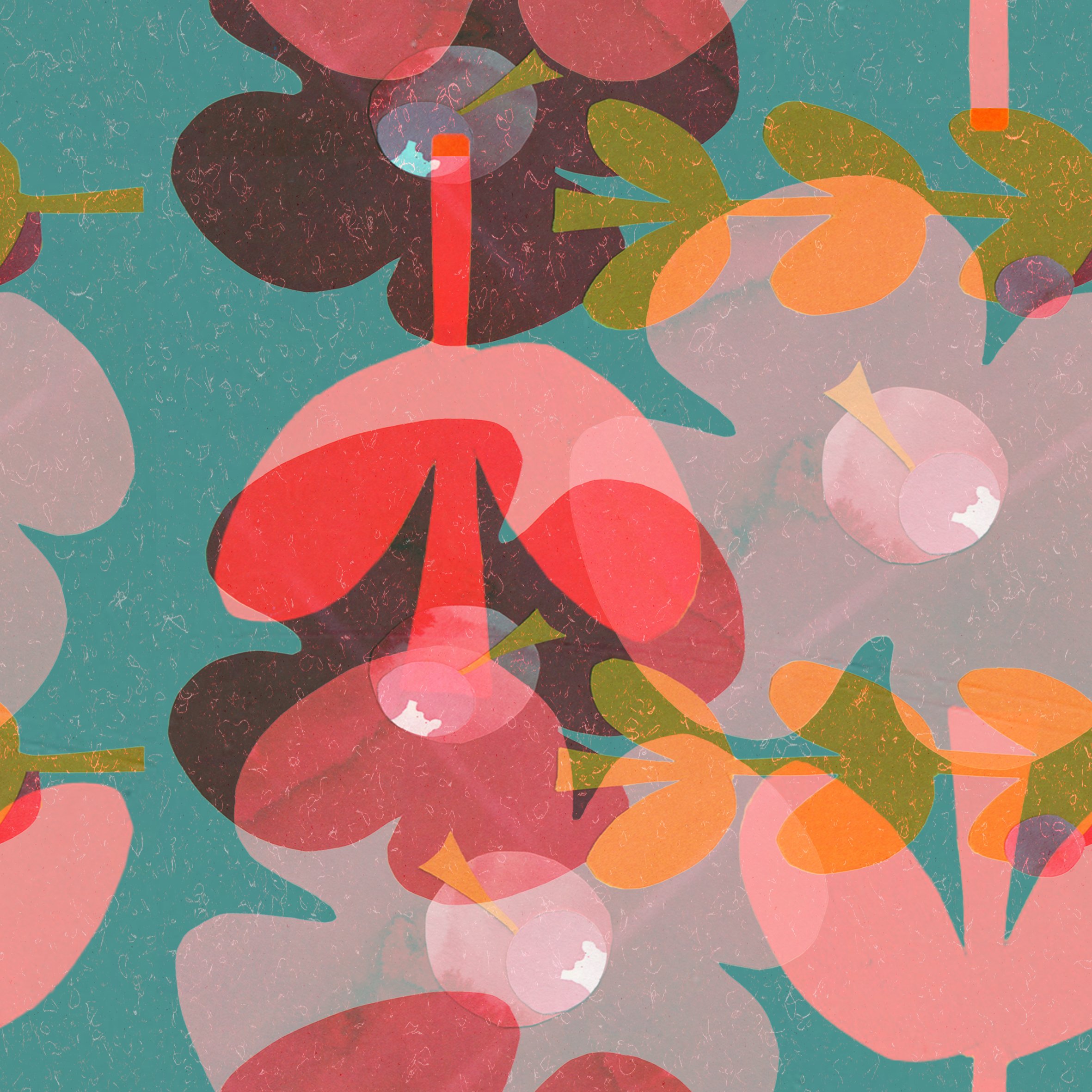 Overlapping abstract shapes resembling cherries and leaves in various colors, set against a teal background with a textured effect.