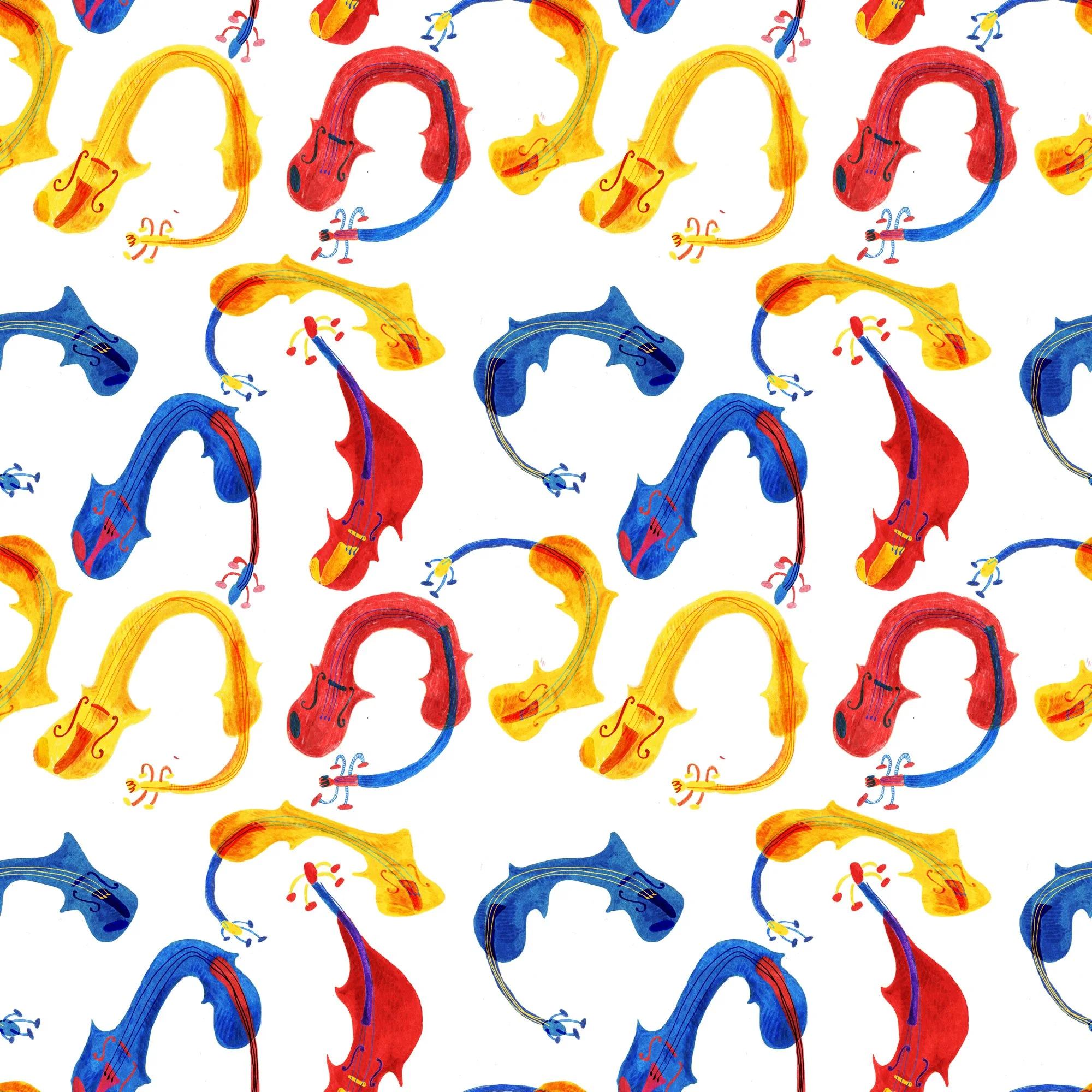 A repeating pattern of colorful violins painted in watercolor style with red, yellow, and blue colors on a white background.