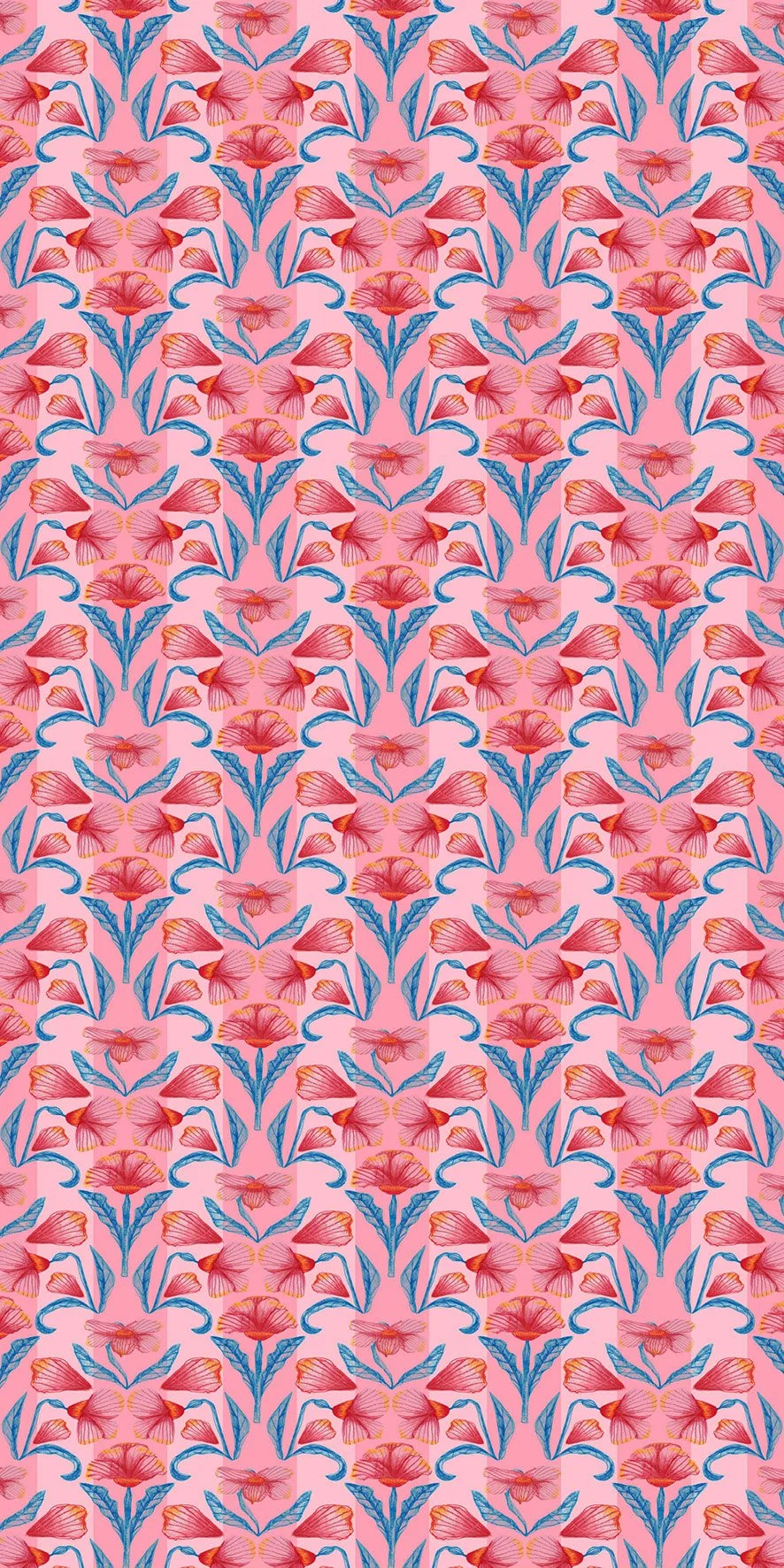 A repeating floral pattern with pink background, featuring stylized pink and orange flowers, blue leaves, and pink and orange butterflies.