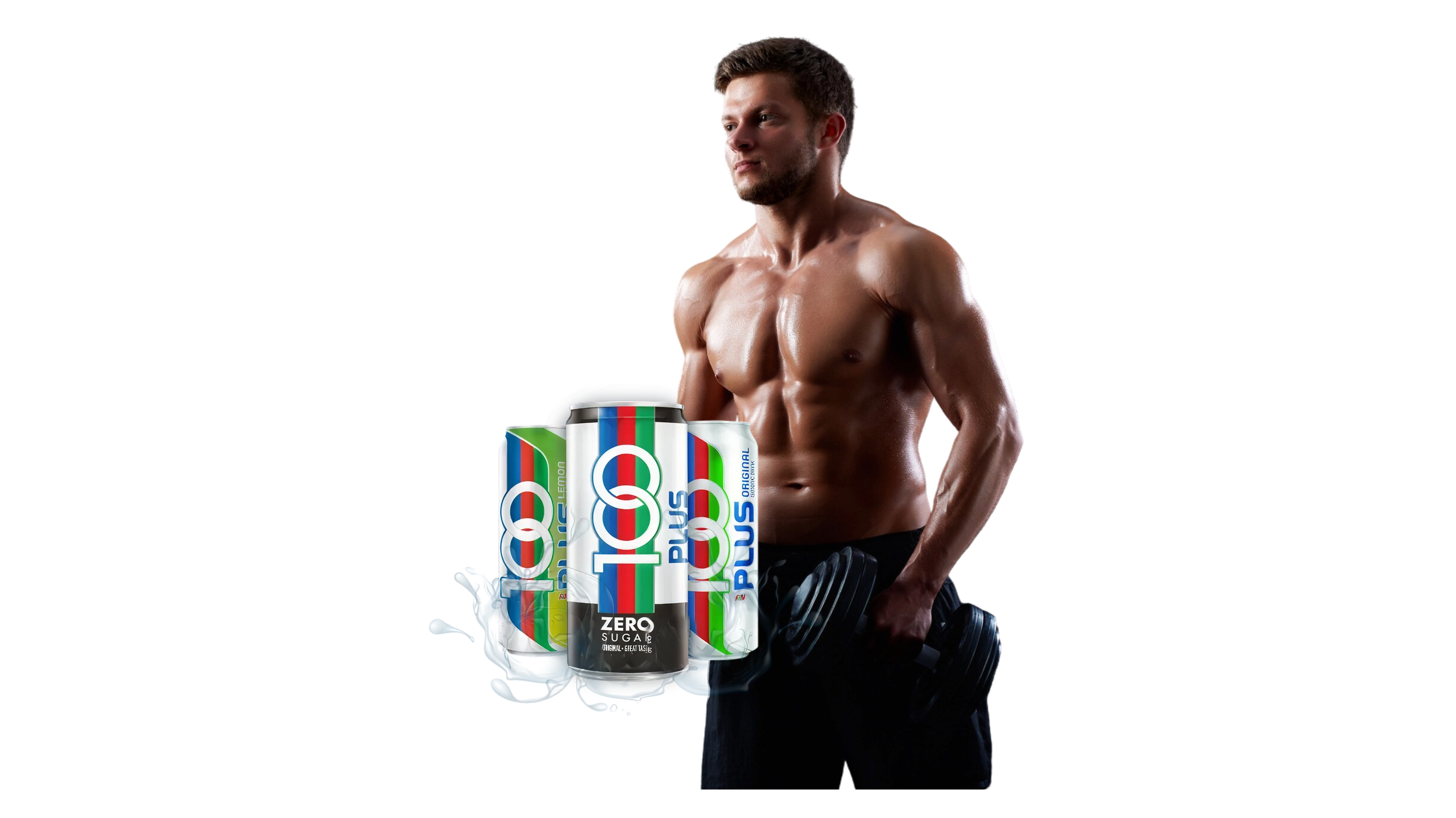 The image of a muscular man holding a dumbbell represents exercise and strength training, while the energy drinks in front of him symbolize products like 100PLUS that help rehydrate the body, replace lost electrolytes, and support performance workout