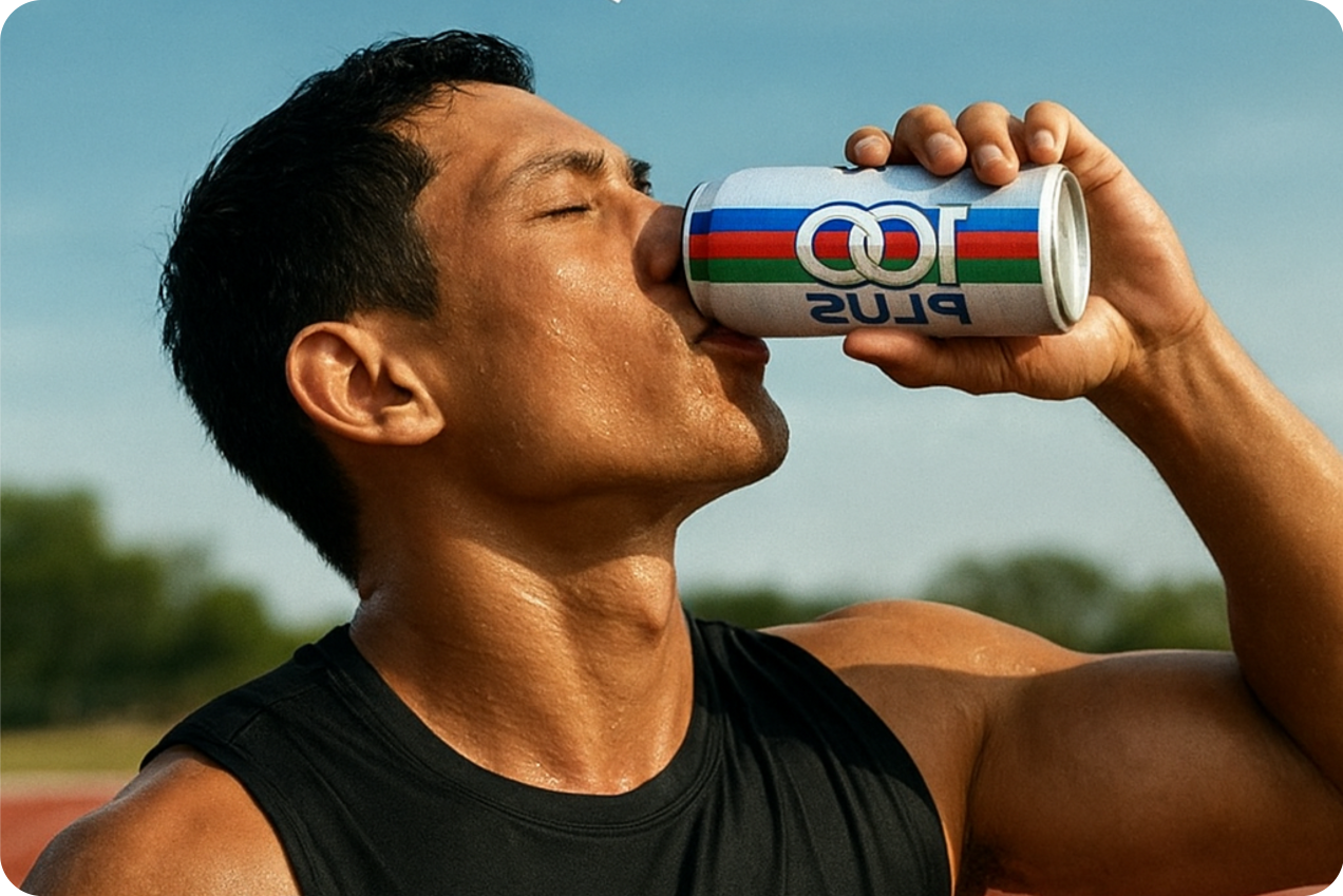 A man drinking a can of Coca-Cola Plus during outdoor exercise.