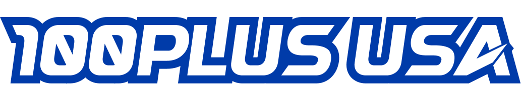 Logo of 100Plus USA in blue and white text.