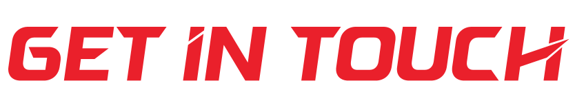 Bold red and white text spelling 'GET IN TOUCH!'