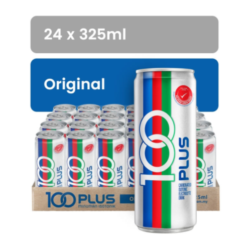 Pack of 24 cans of 100 Plus sports drink with green, red, and blue branding.