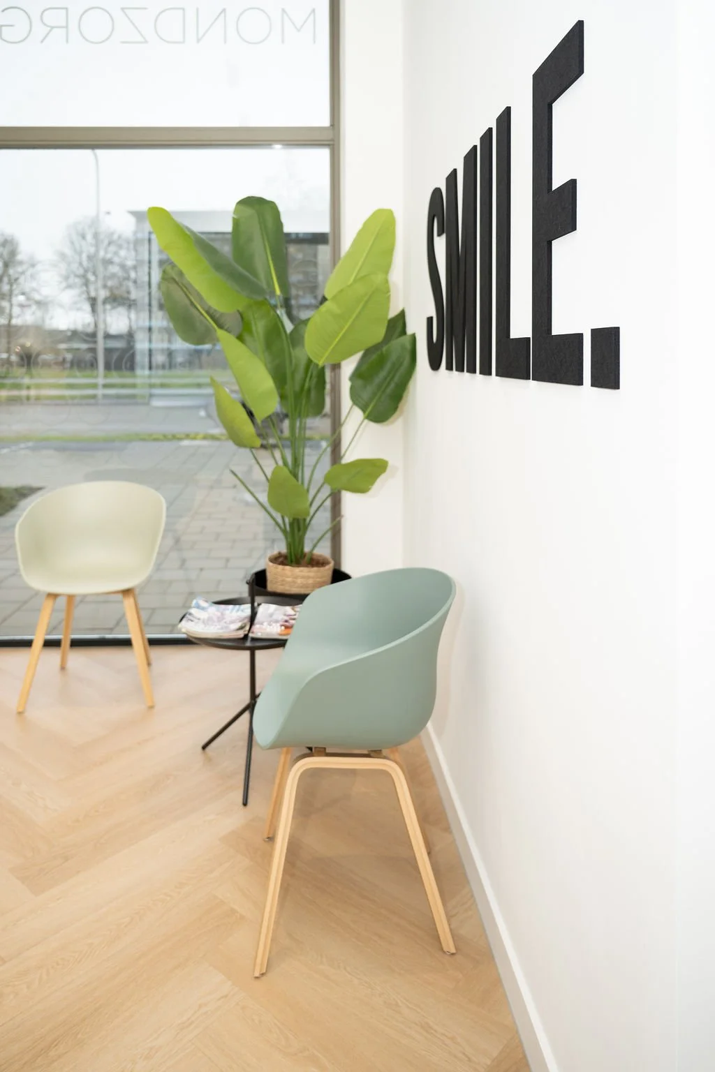 Lichte wachtkamer van Mondzorg Voorne in Hellevoetsluis met twee stoelen, een grote plant en een muur met het woord 'SMILE' in zwarte letters.
