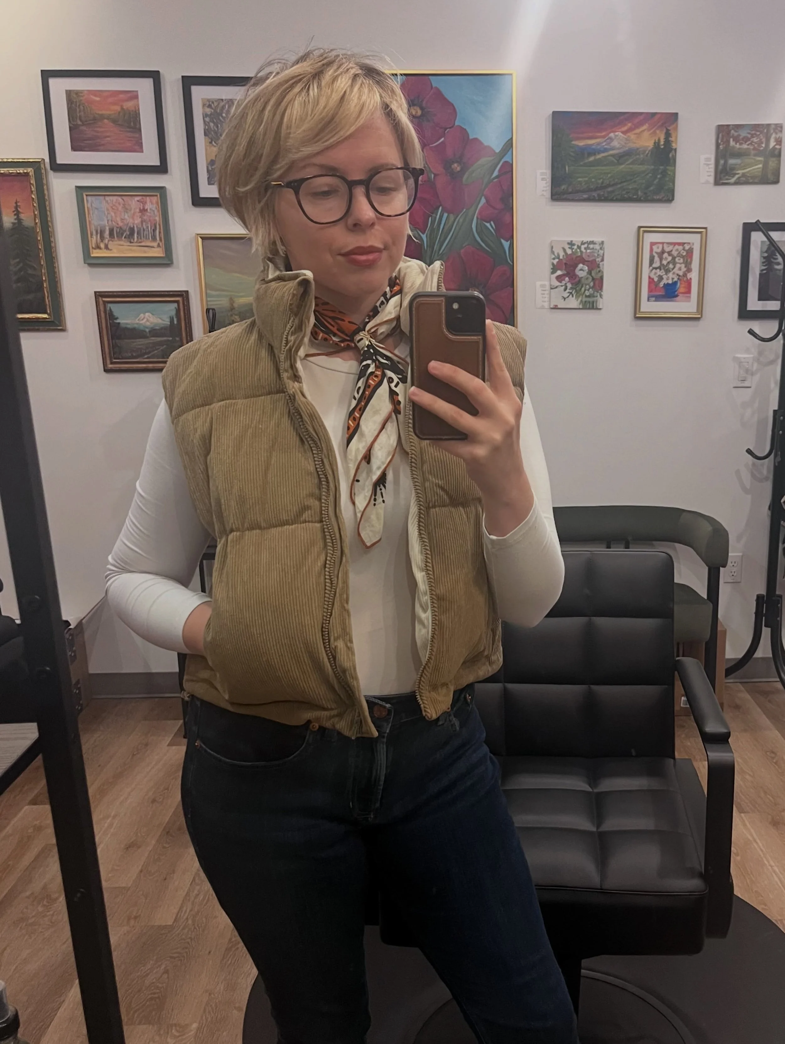 Check out these cute fall accessories now available:

- Cropped corduroy puffer vest in camel $60.

- Long and wide scarf in colors burnt orange, tan, and black $50.

- Shaw that doubles as a scarf in colors black, denim, and tan $40. 
 
The cold wea
