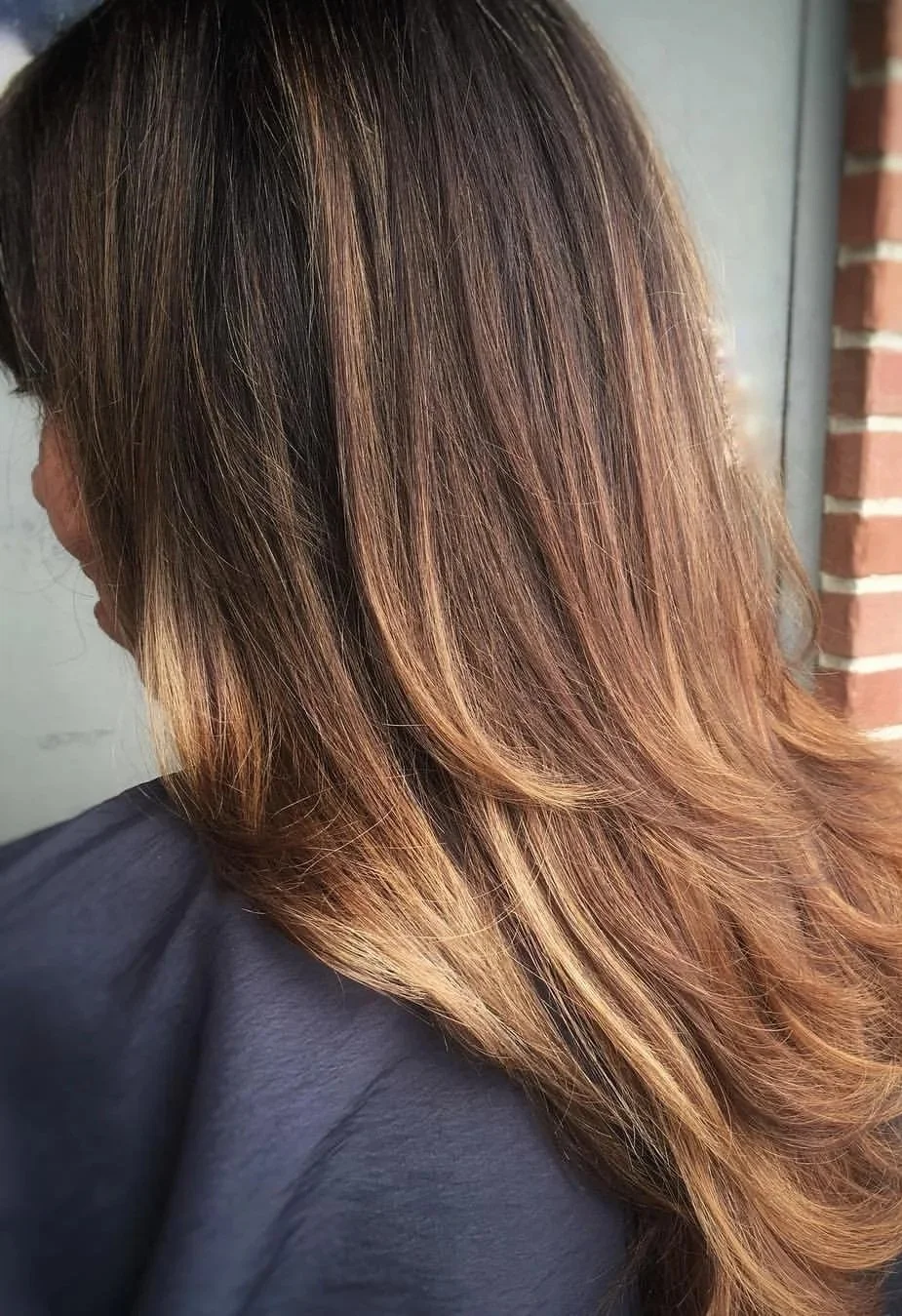 Back view of a woman with shoulder-length, layered, brown hair with lighter caramel highlights.