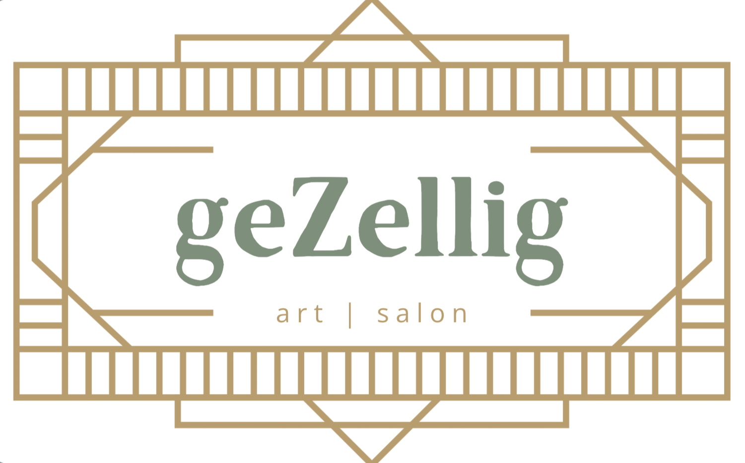 Logo for Gezellig art and salon featuring a geometric gold border and green text reading "gezellig" with smaller gold text below saying "art | salon."