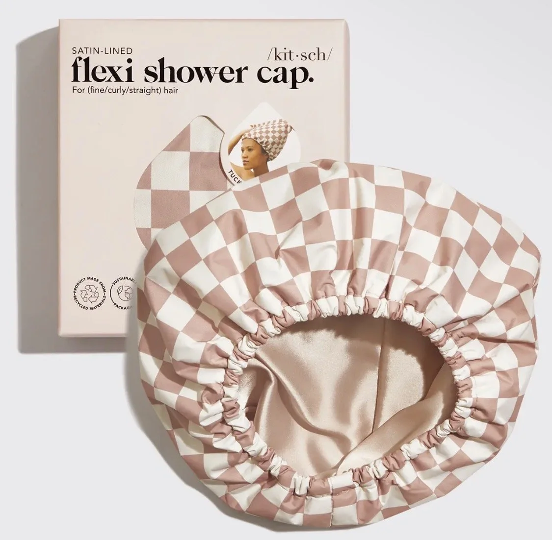 Terracotta Checker, Satin Lined Flexi Shower Cap