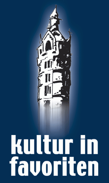 Illustration eines alten Kirchturms auf blauem Hintergrund mit dem Schriftzug 'kultur in favoriten' darunter.