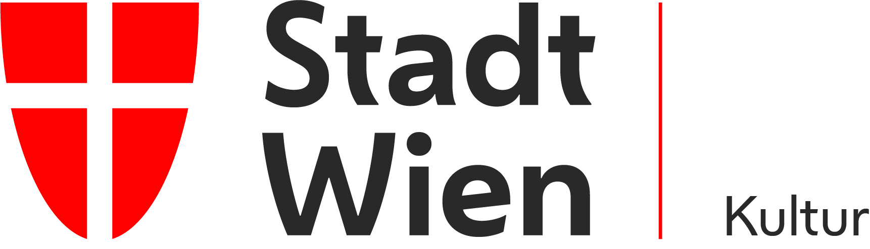 Wappen der Stadt Wien mit roter Kreuz auf silbernem Schild, Text "Stadt Wien" und das Wort "Kultur" auf Deutsch.