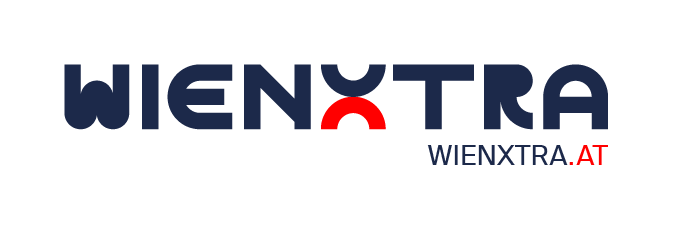 WienXtra Logo mit schwarzem Hintergrund und rotem Akzent auf 'AT' in 'WienXtra.at'