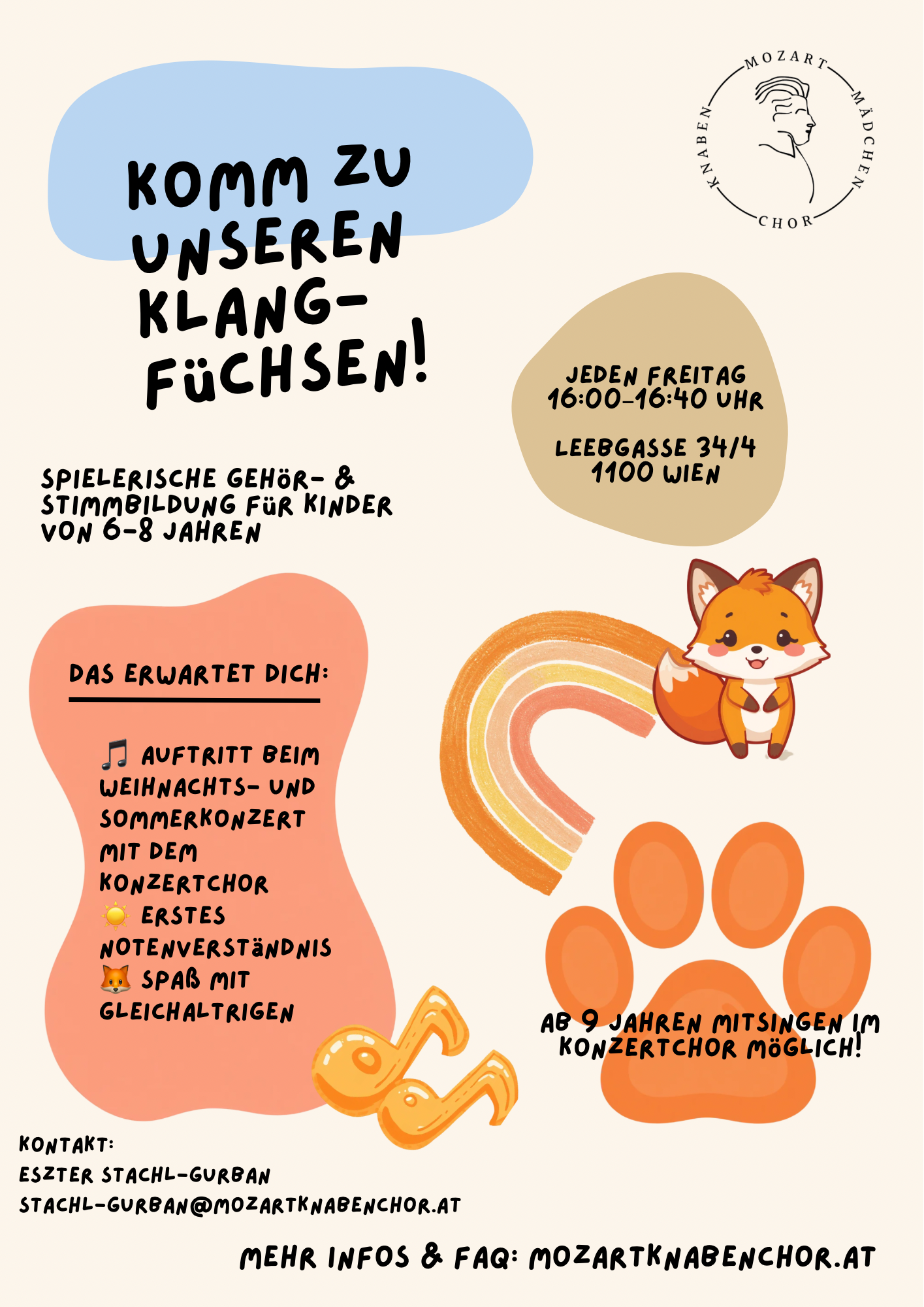 Ein Poster mit bunten, abstrakten Formen und einem niedlichen Fuchs. Hinweis auf ein Kinder- und Familienangebot mit Musik und Konzerten.
