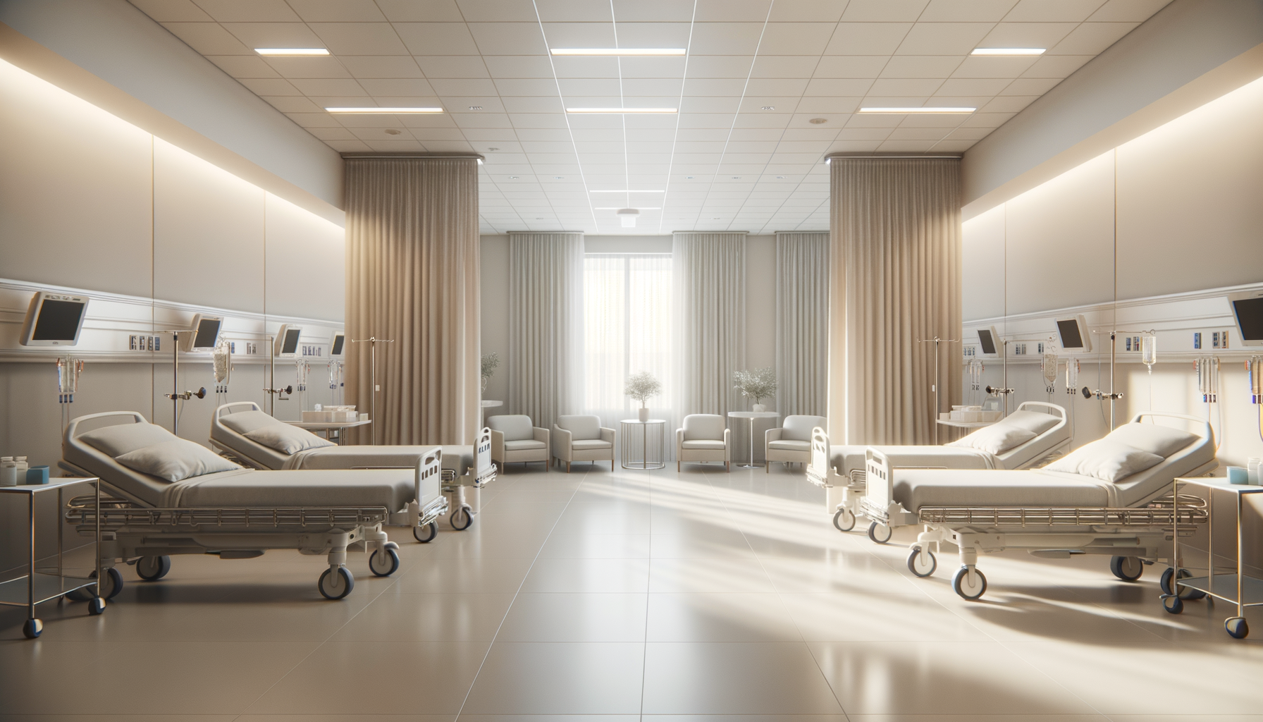 A hospital room with four empty hospital beds, two on each side, each equipped with medical monitors and IV stands. The room has a large window at the end with curtains, and several chairs and small tables are arranged near the window, illuminated by natural light.