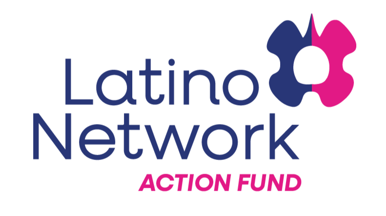 Logo for Latino Network Action Fund featuring a butterfly with a white center, dark blue and pink wings, and text in blue and pink reading 'Latino Network ACTION FUND'.