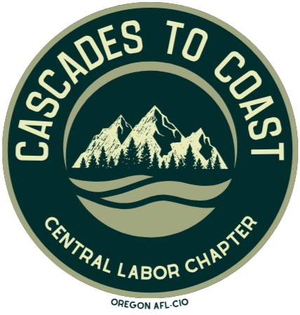 Logo for Cascades to Coast, Central Labor Chapter, Oregon AFL-CIO, featuring mountains, trees, and water.