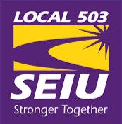 SEIU Local 503 logo with purple background and yellow and white text reading 'Stronger Together'