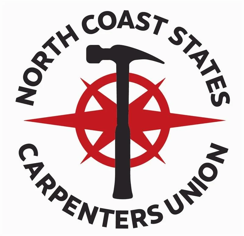 Logo for North Coast States Carpenters Union featuring a black hammer and a red compass rose design.