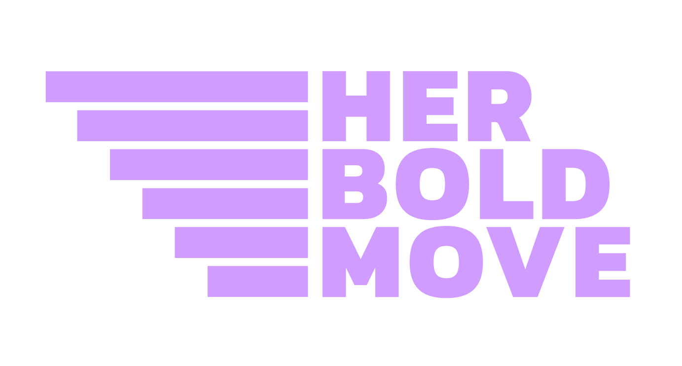 The text 'Her Bold Move' with purple horizontal bars to the left of each word on a black background.