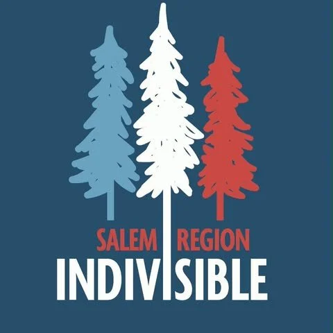 Graphic with three stylized pine trees in blue, white, and red, and the words 'Salem Region Indivisible' beneath.
