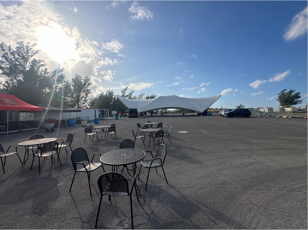 PTIX Pavilion outdoor event venue at Clearwater Beach Bermuda with ample parking, outdoor seating, and spacious vendor areas; ideal for corporate events, conferences, brand activations, and large-scale gatherings available for rental through PTIX.bm