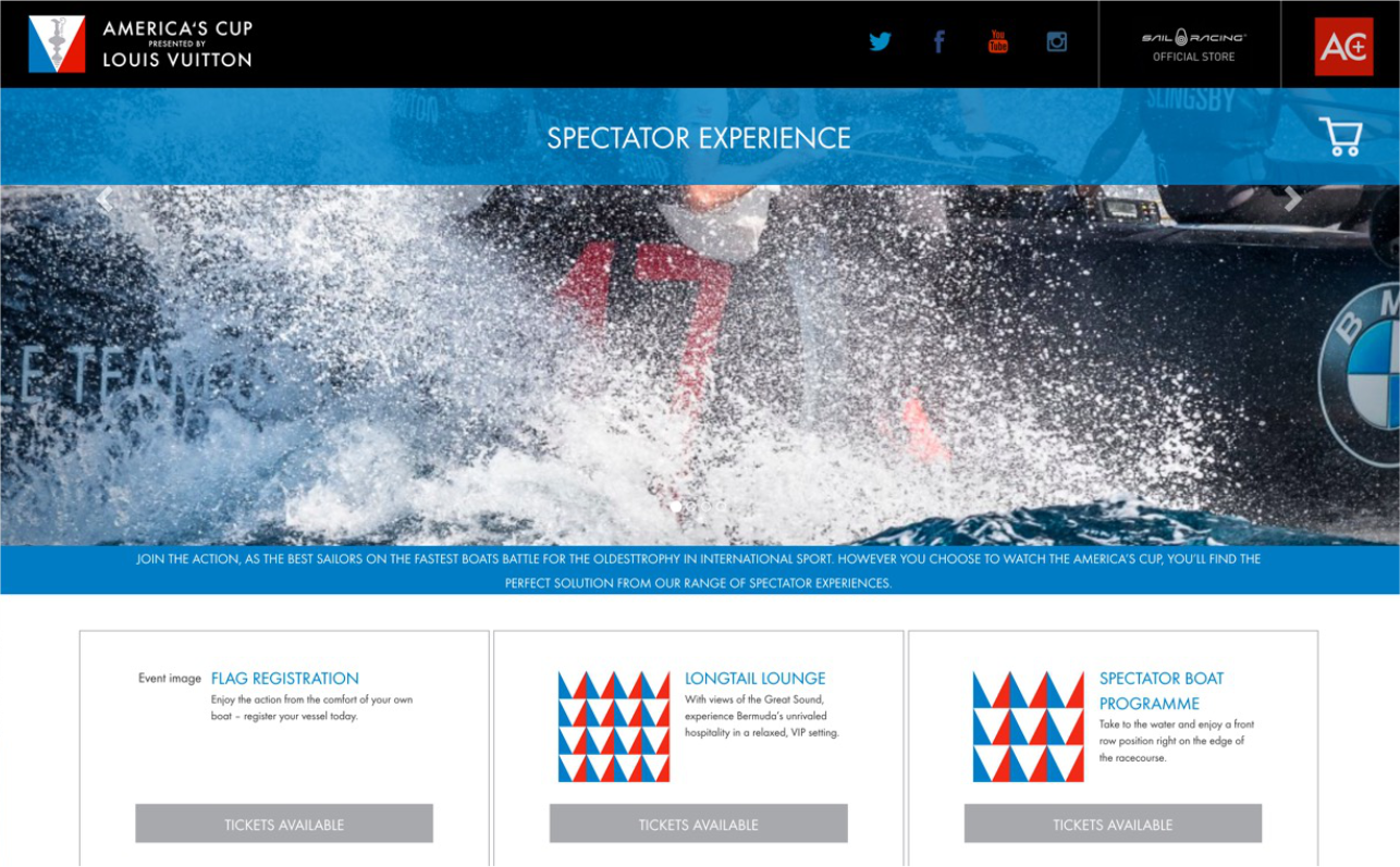 PTIX custom event portal example of the America’s Cup webpage with water splash imagery, Louis Vuitton and BMW logos, and spectator experience sections, showcasing branded ticketing websites for major events.