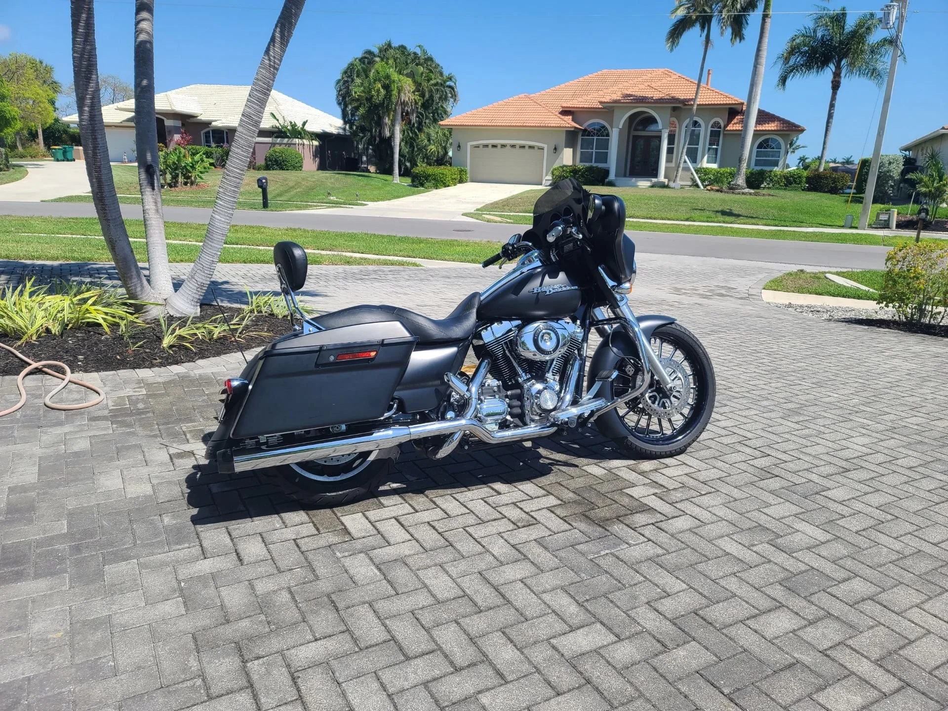 A black and chrome Harley-Davidson motorcycle parked on a brick driveway in a residential neighborhood with palm trees and houses in the background.
