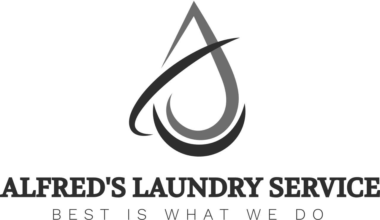 Black and grey logo for Alfred's Laundry Service with a stylized water droplet and the slogan 'Best is What We Do'.